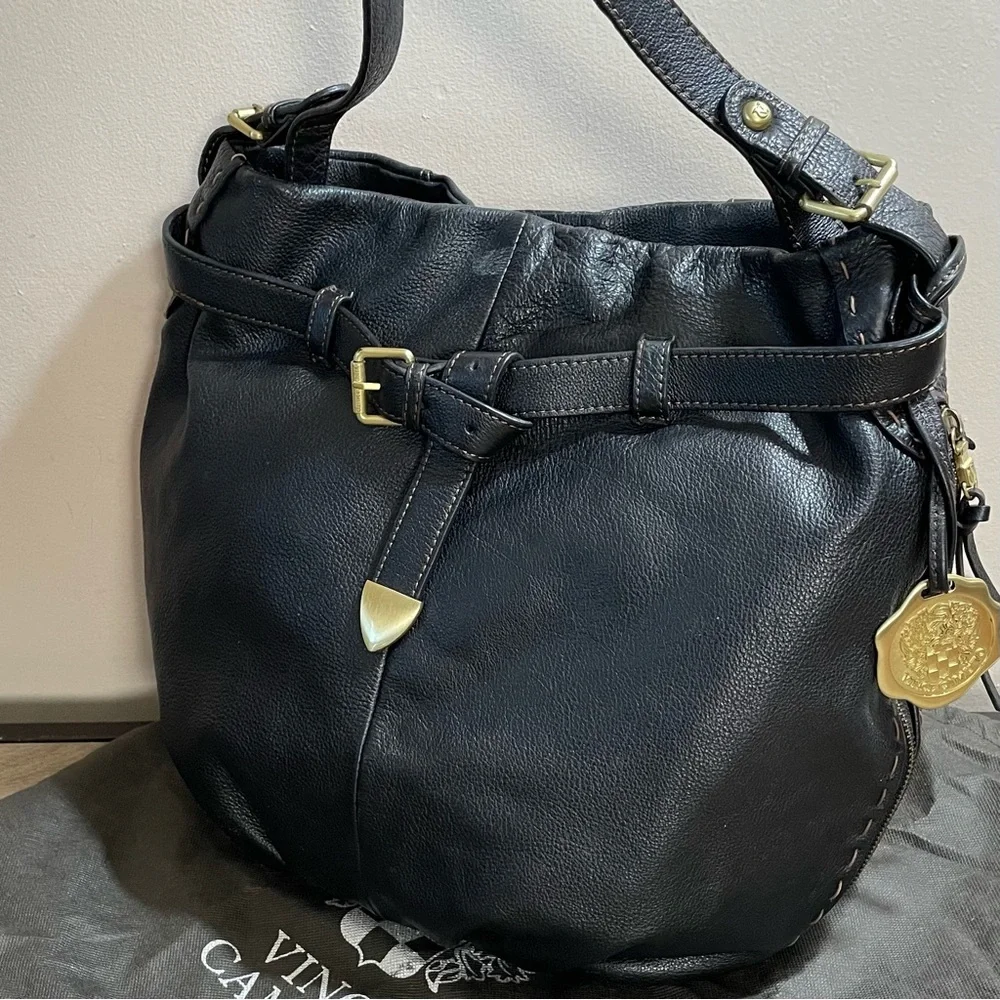 VINCE CAMUTO Black Leather BELTED Shoulder Bag SATCHEL Designer PURSE